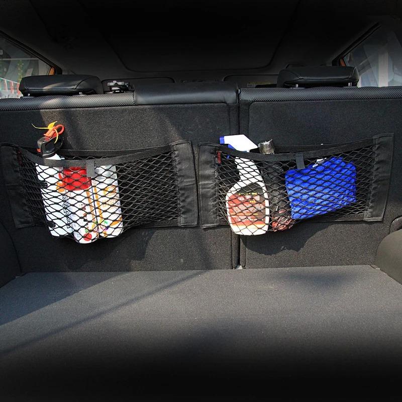 Car Trunk Mesh Rear Seat Storage Bag Auto Organizer Double-deck Elastic String Net Magic Sticker Pocket Bag Car Trunk Organizer