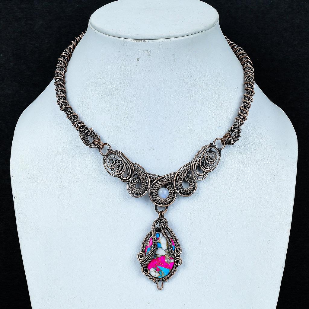 Cotton Candy Turquoise Necklace Copper Wire Wrapped Gemstone Jewelry Rainbow Moonstone Necklace Handmade Copper Wire Necklace Wedding Gifts