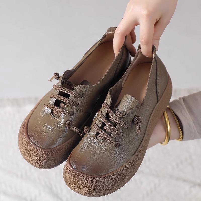 Fashion 2025 Spring Autumn New Leather Women's Shoes Soft Soled Comfortable Versatile Thick Soled Casual Shoes Retro Leather Shoes