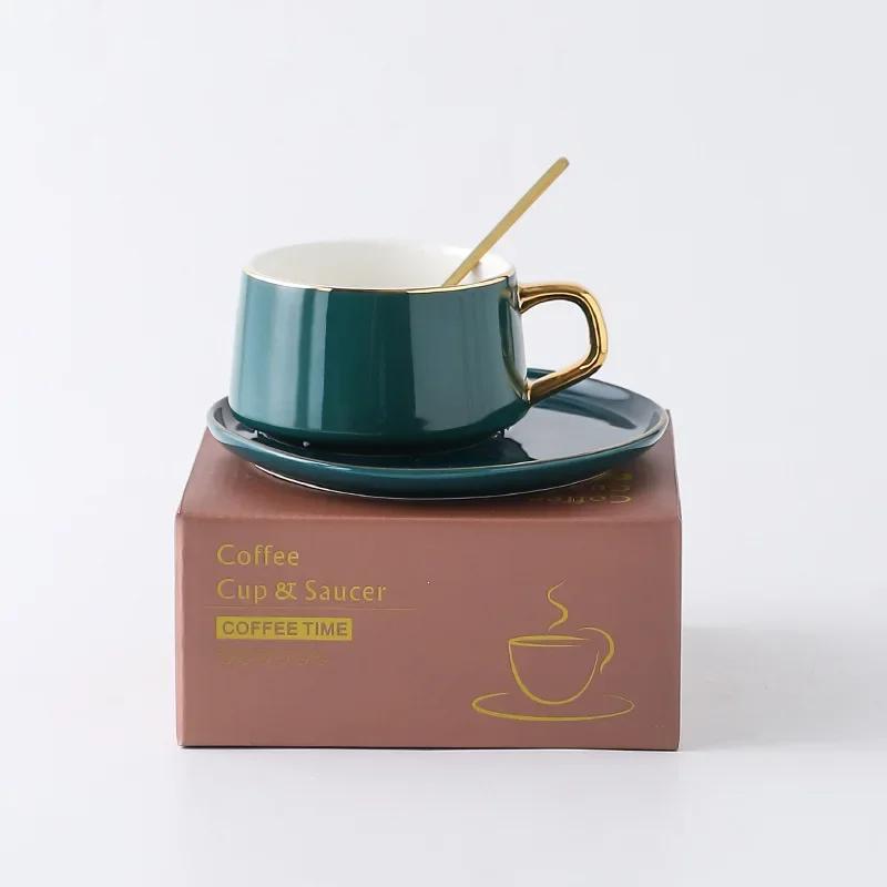 

Семейная кофейная чашка в европейском стиле, керамическая чашка с золотой ложкой, изысканная кофейная чашка, ярко-белая подставка, принадлежности для ресторана 201-300ml зелёный