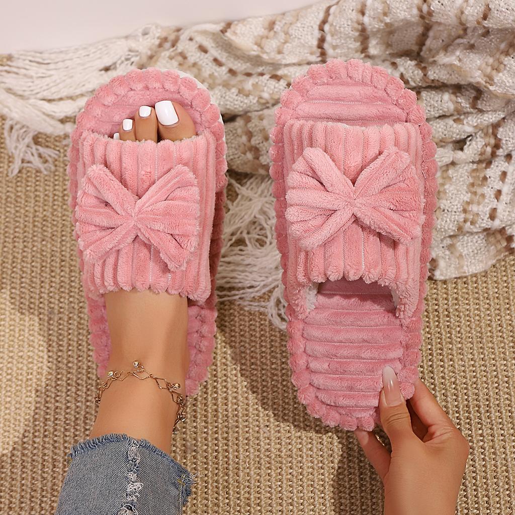 Warme Hausschuhe mit Schleifendekor, lässige Plüschschuhe mit offener Spitze, bequeme Hausschuhe