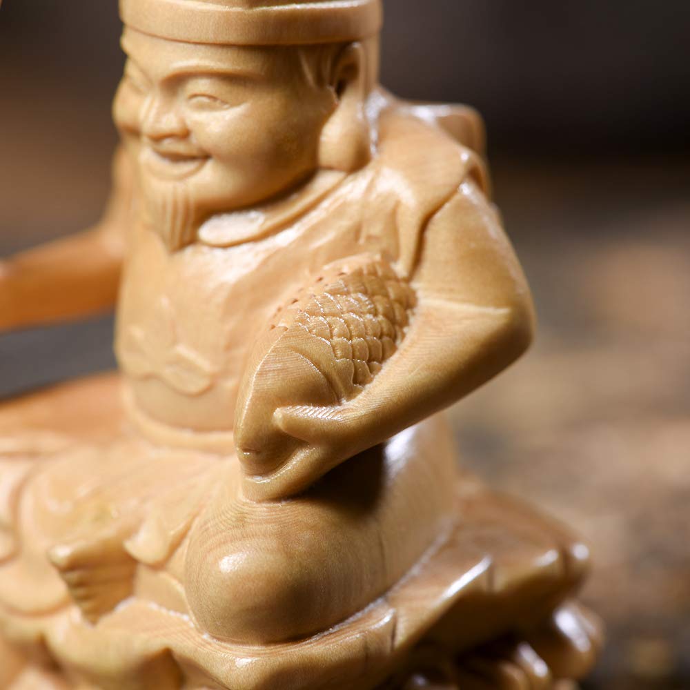 Hanro Art Carving Buddhist Statue, Ebisu, and the Seven Gods of Fortune, Wood Carving, Boxwood Ornament, Good Fortune, Business Prosperity, Fortune,