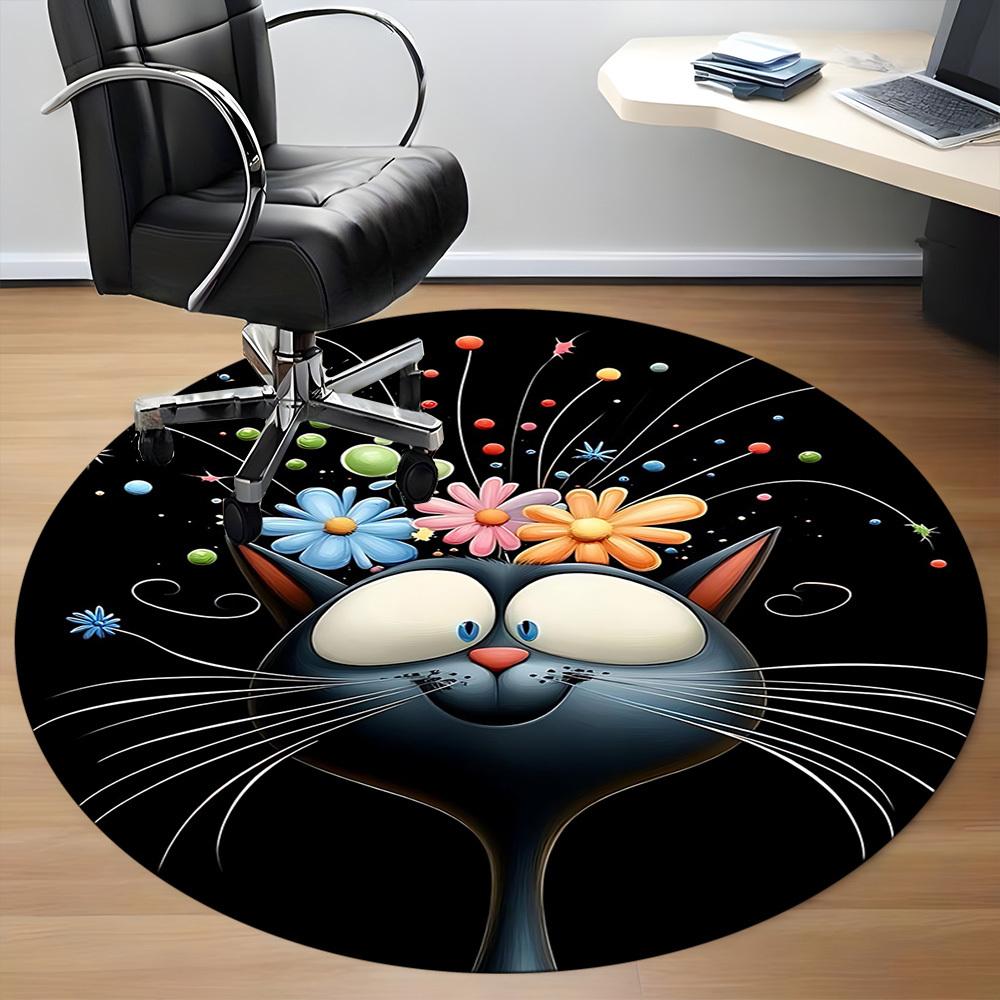 1pc Flower Cat Office Round Area Rug, Under Office Chairs Bedroom Living Room Home Decor, Room Deco, Available in Various Sizes