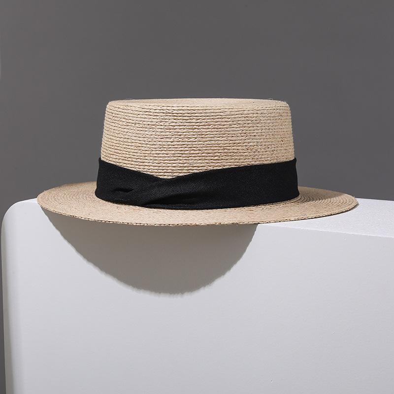 Women Fine Raffia Straw Boater Hat Flat Top Sun Hat Hand-Woven Beach Cap Twist Ribbon Elegant Summer Fedora Panama Hat UV Guard