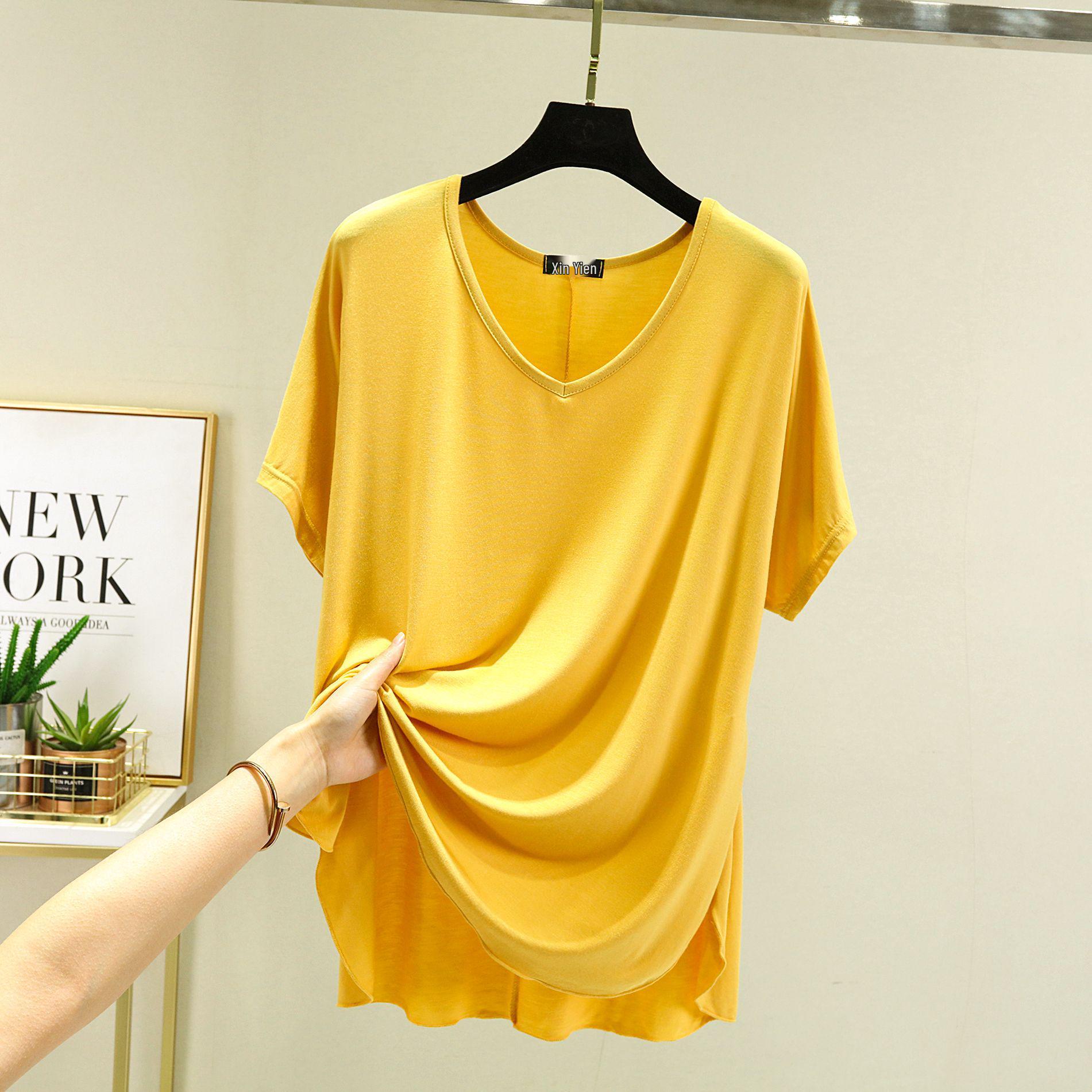 

Модальная футболка с V-образным вырезом, свободного кроя, с короткими рукавами, большого размера, с боковыми разрезами - Повседневный однотонный топ для весны/лета XXL