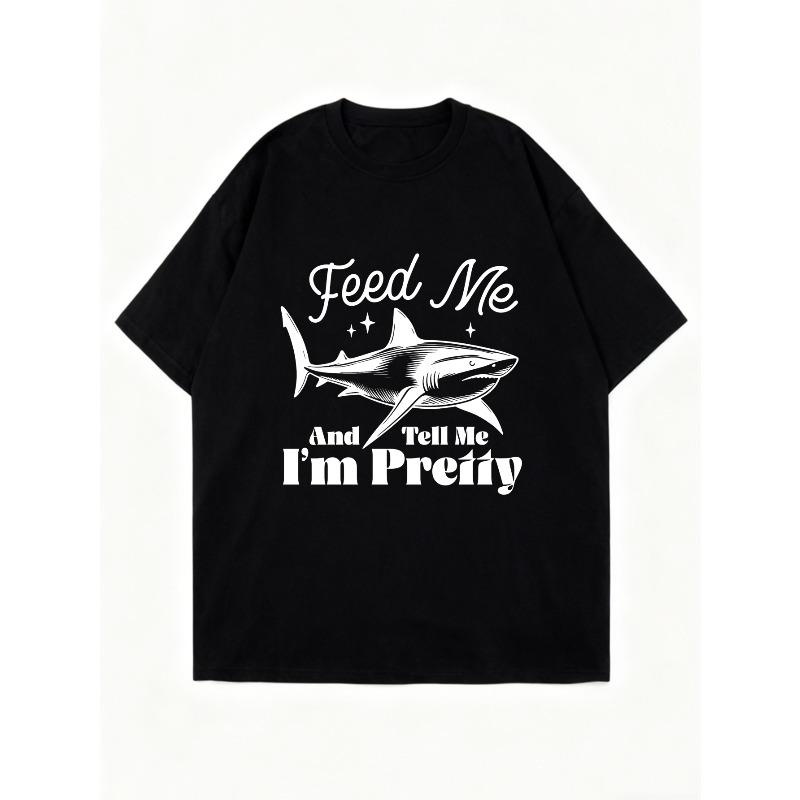 Oversized T-shirt Svart Hajtryck Mata Mig Och Säg Att Jag Är Söt Grafisk T-shirt För Vardagsklädsel Och Streetstyle