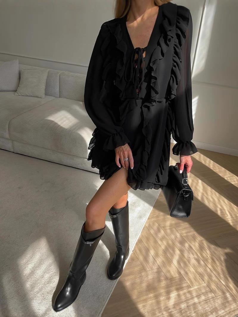 Chiffon V-neck Ruffle Design Dress L чёрный