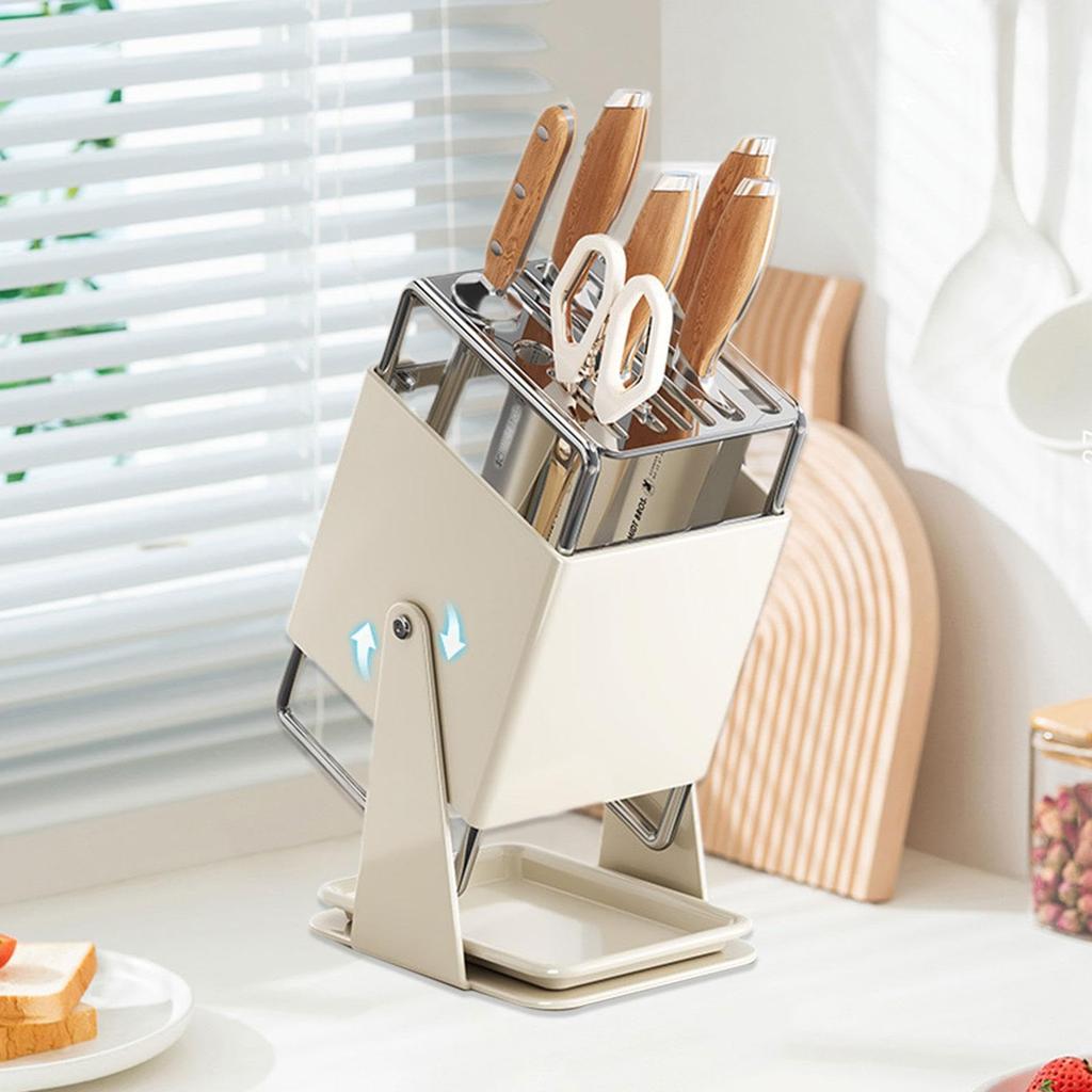 Rotating Knife Block for Kitchen Cutlery Organizer Stainless Steel Storage Rack with Draining Tray