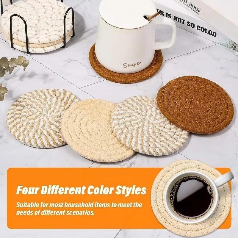 Bohemian Style Cotton Rope Woven Placemat Household Thick Insulated Coaster Hand Woven Cotton Linen Coaster with Storage Rack