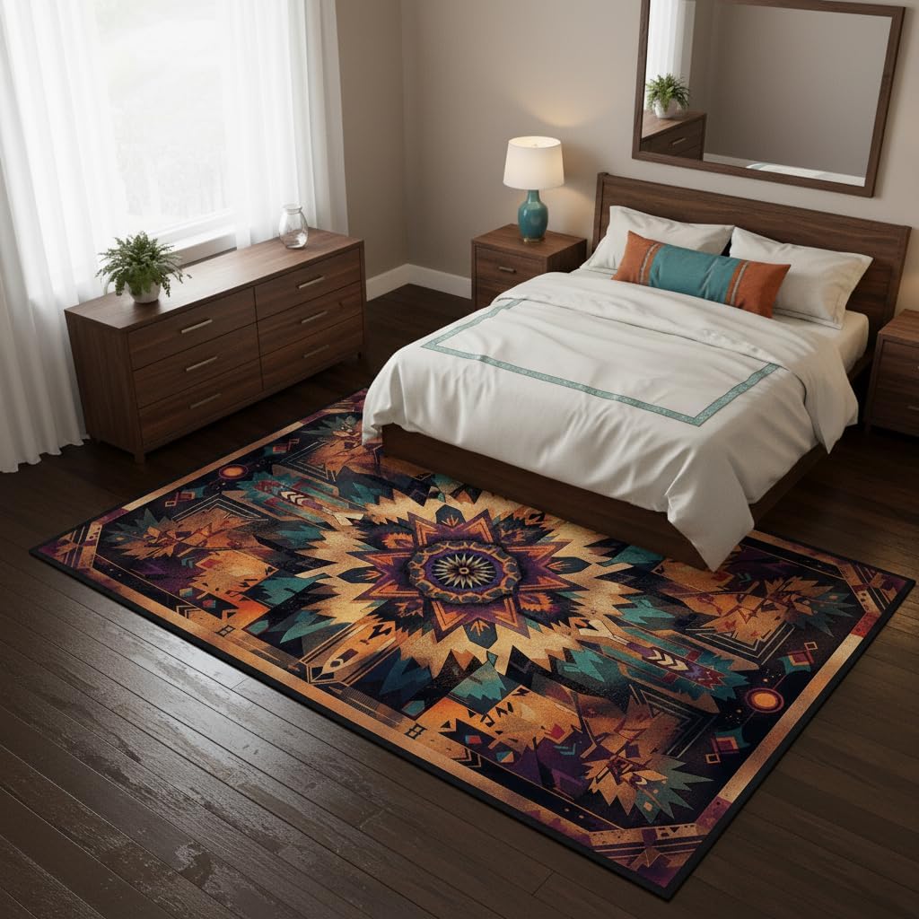 Tappeto a tema ispirato ai nativi americani, Mandala tribale e Tappetino antiscivolo geometrico per camera da letto, soggiorno, Tappeto decorativo rustico