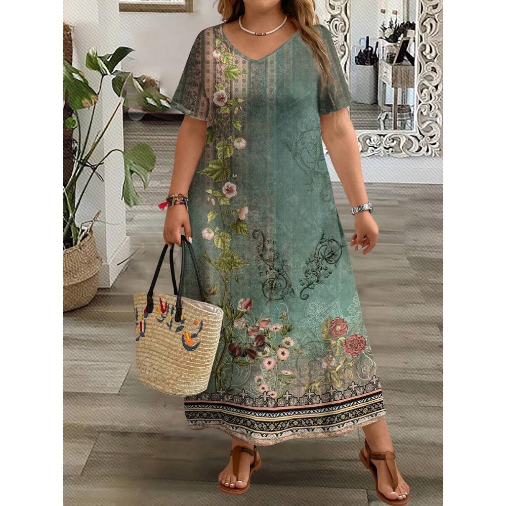 Plus Size Women s Vintage Floral V-Neck Short Sleeve Flowy Midi Dress 1XL