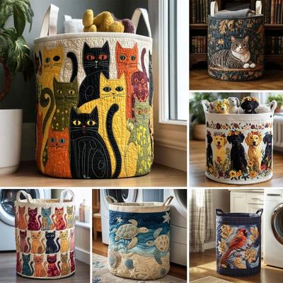 Quilted Laundry Basket Foldable Boho Fabric Laundry Hamper Cute Cat Storage Basket for Clothes Toys Blankets Nursery Bedroom
