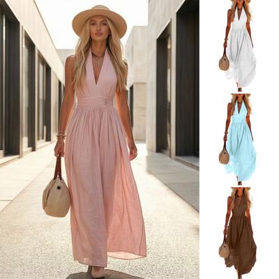 Summer Women Sleeveless Long Dress, Deep V Neck Slim Waist Ruffle Swing Dress, Solid Color Casual Ankle Length Maxi Dress