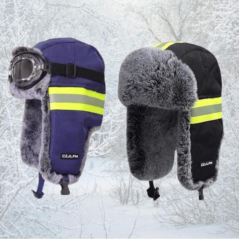 Reflektierende Winter-Trappermütze zum Radfahren Hohe Sichtbarkeit Warm Thermisch Fellige Ohrenklappen Mützen mit Abnehmbarer Brille