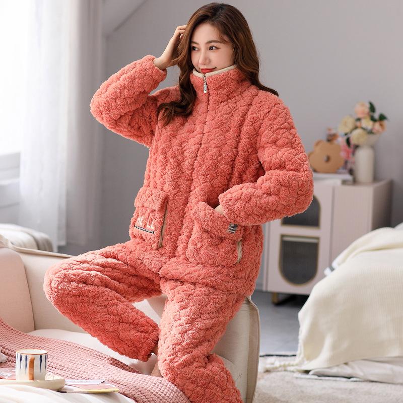 Autumn And Winter Pajamas Women'S Coral Fleece Padded Cotton Winter Three-Layer Warm Thickened Flannel Loungewear Zipper Set