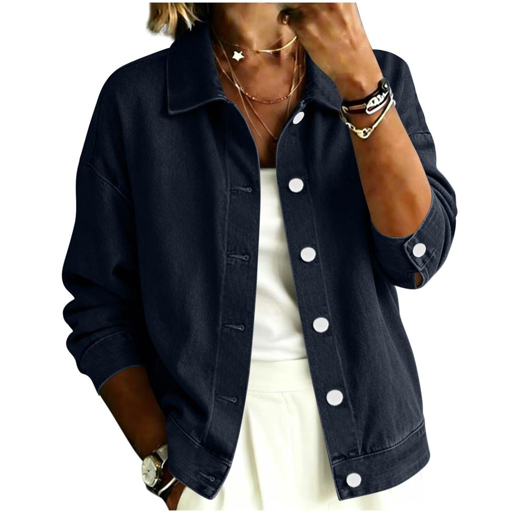 Women's Casual Retro Denim Jacket Long Sleeve Lapel Collar for Everyday Wear