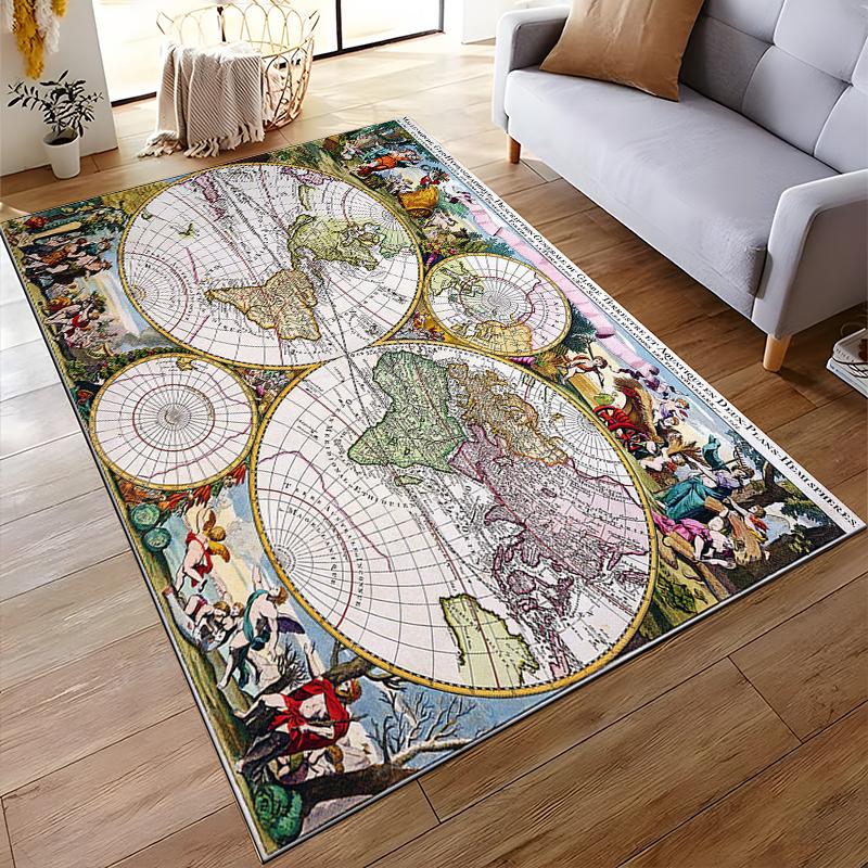 Vintage World Map with Decorative Borders Non-slip rug suitable for living room and bedroom sofas