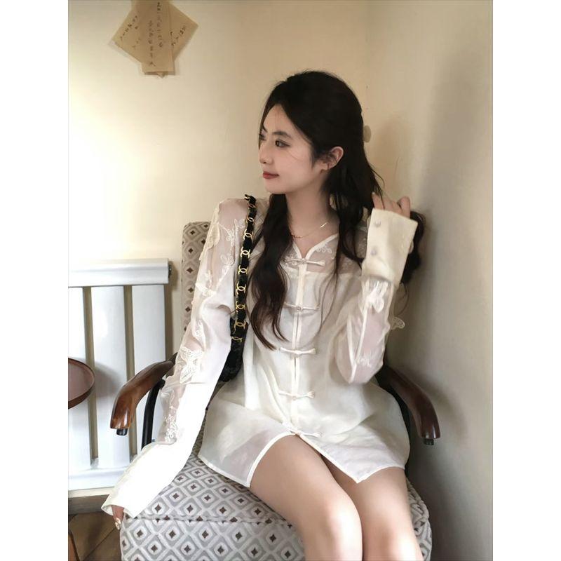 Kumikumi New Chinese Style Three-Dimensional Butterfly Frog Long Sleeve Shirt Women's Autumn National Style Chic Loose Slim Looking Tops