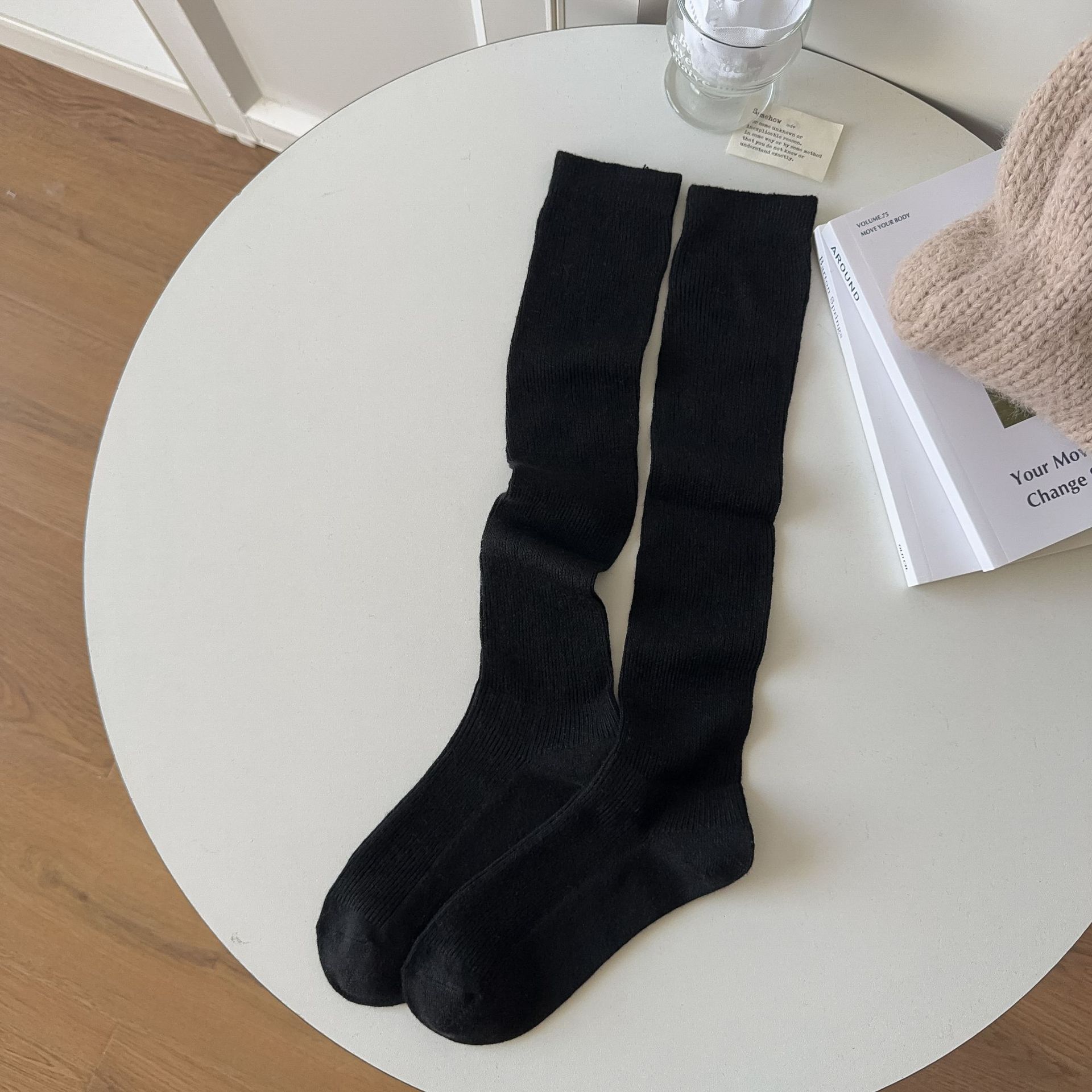 

24 Calf Socks Solid Color Merino Super Soft Wool Long Tube Stack Socks Knee Socks Socks One size fits all чорний