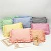 Stylish Ruffled Seersucker Makeup Bag, Large Capacity Striped Storage Bag, Portable Hand Clutch, Lightweight Wash Storage Bag