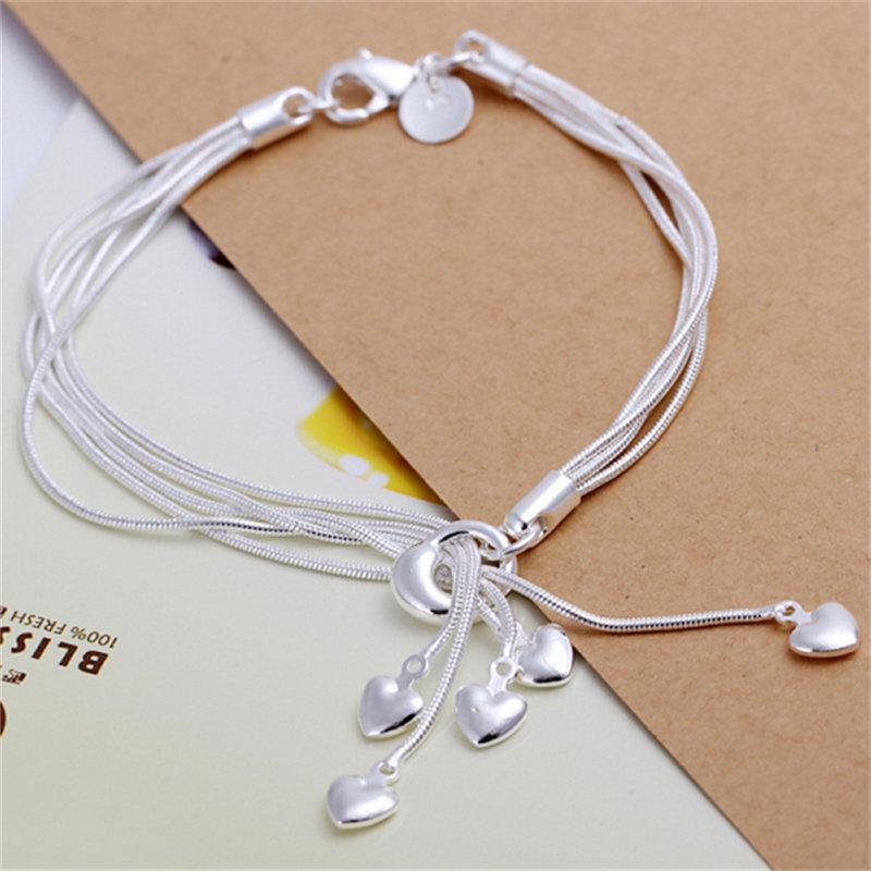 925 Silver Heart Tassel Bracelet 8 Inches Fashion Jewelry Gift for Women Party Accessories