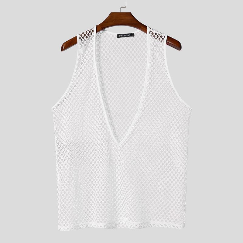 

INCERUN Мужские майки с глубоким V-образным вырезом, без рукавов, с ажурными вставками, прозрачные, повседневные, пляжные 2XL белый