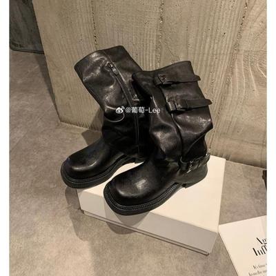 Höhenverlängernde Gürtelschnalle quadratischer runder Kopf plissierte mittelhohe Ritterstiefel für Damen Western plissierte Stiefel mit Blockabsatz