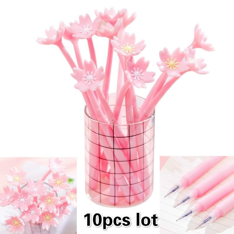 10 Pcs Silicone Pink Creative Cute Cherry Blossoms Flower Stationery Office School Supplies Gift Simulation Gel Pens LS