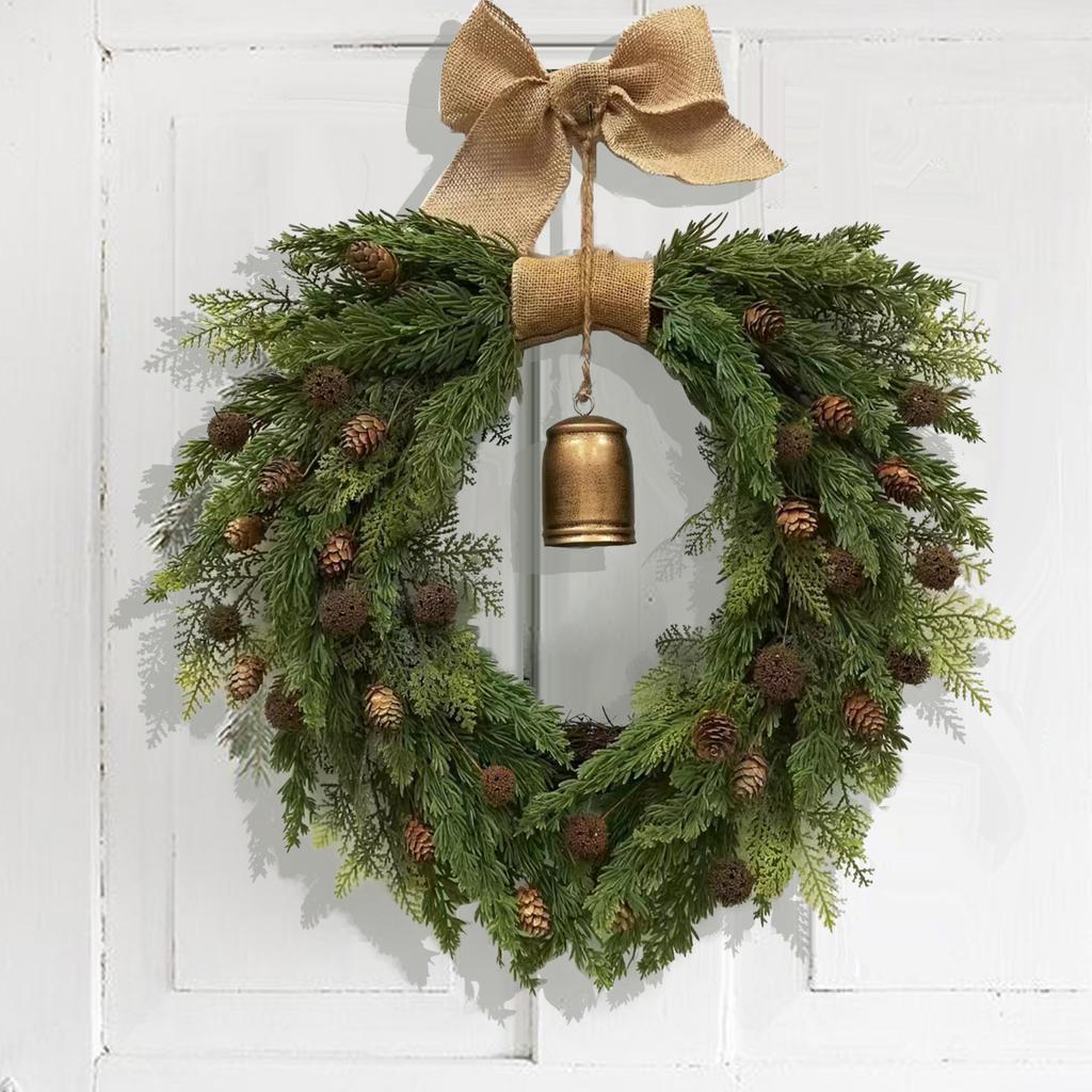 Artificial Christmas Bell Wreath For Front Door Linen Bow Wreath Bohemian Pine Garland Door Hanging Window Christmas Decoration