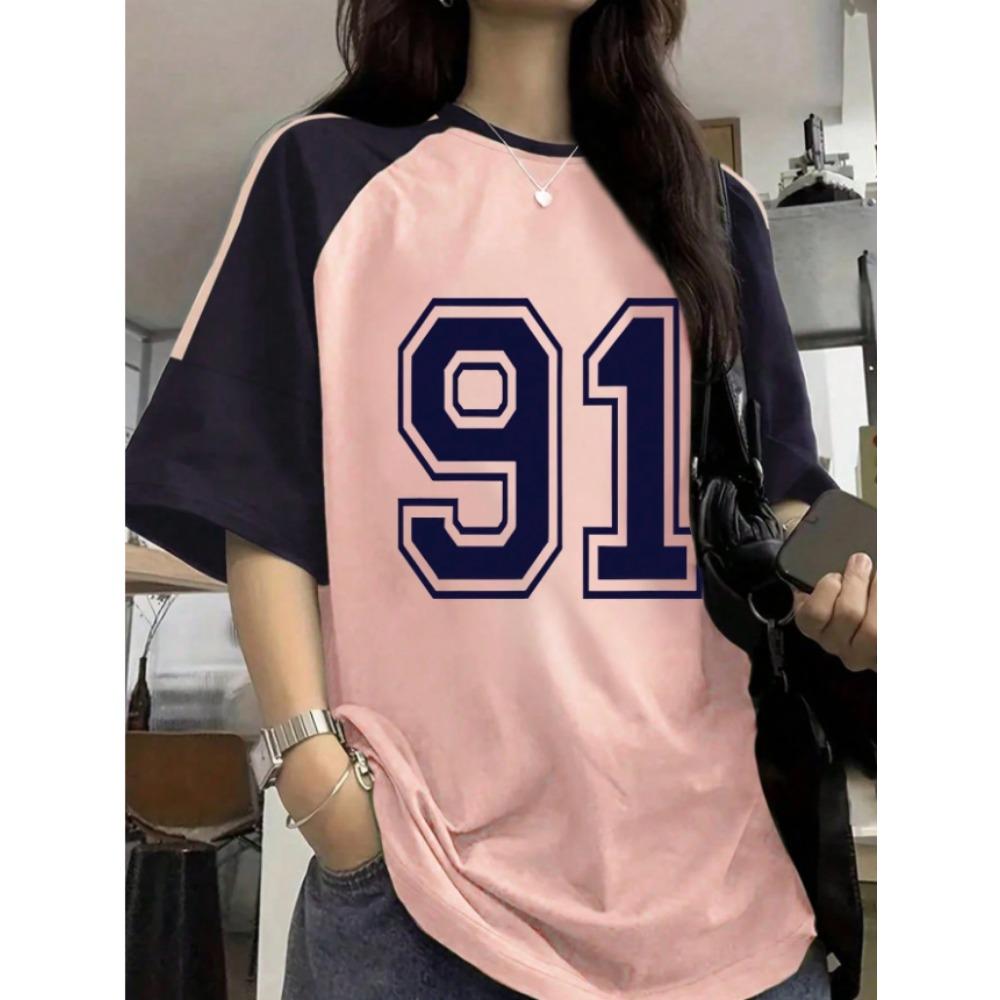 Letter and digital print women's T-shirt, girls' top, creative color-blocked round neck T-shirt, loose casual wear.