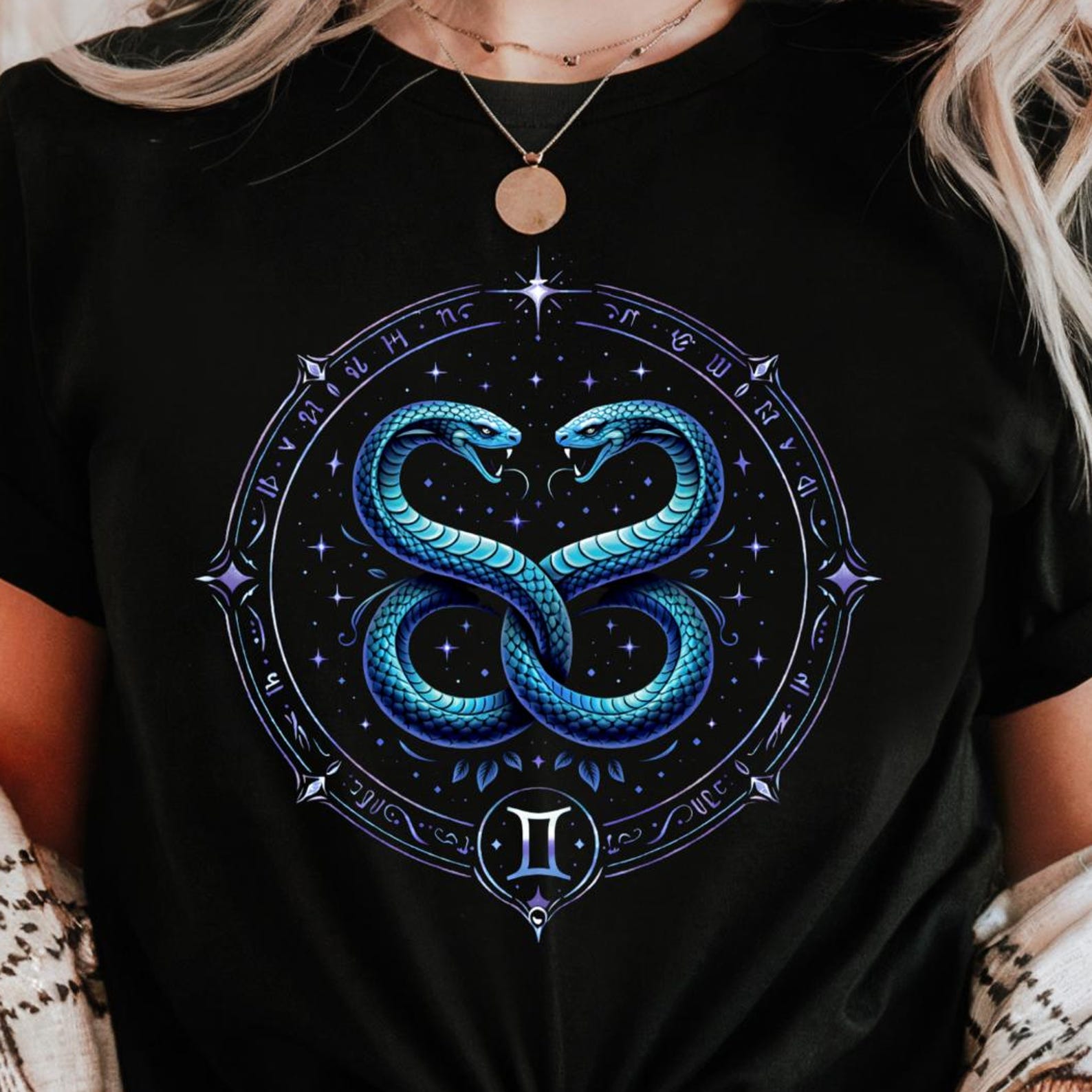 Gemini Zodiac Shirt | Twin Serpent Astrology Tee | Celestial Horoscope Graphic T-Shirt XL