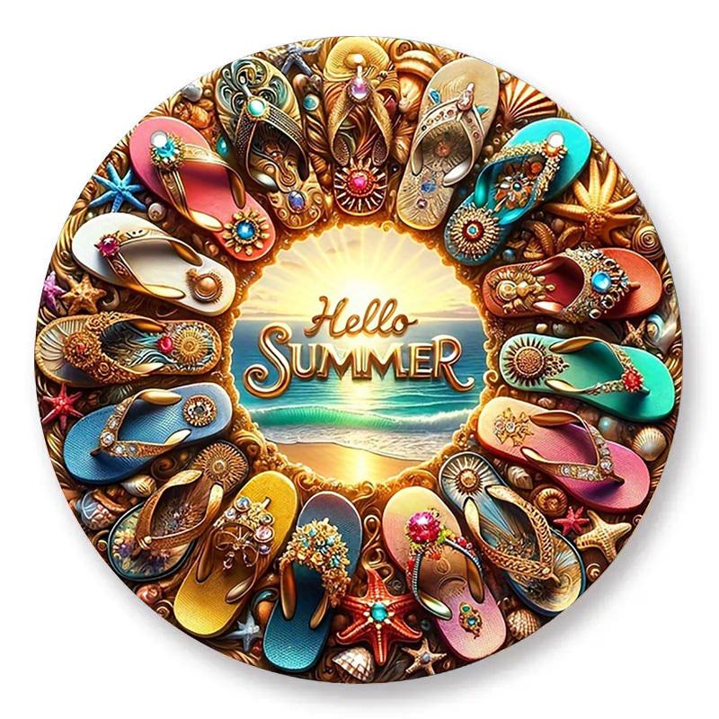 

2d Flat 20*20cm, Hello Summer Retro Flip Flop Wall Art Circular Wooden Sign, Colorful Beach Themed Decoration, Suitable for Beach Houses, Backyards 20*20cm