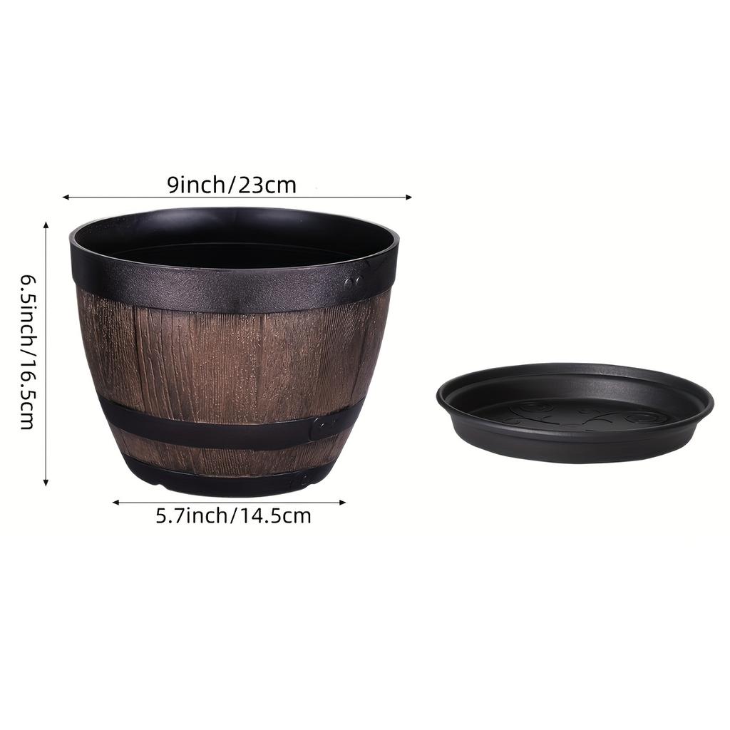 2pcs A Set of Retro Barrel Flower Pots with Tray - One Base + One Pot, Striped Plastic Flower Pot with Drainage Holes, Suitable for Indoor and Outdoor