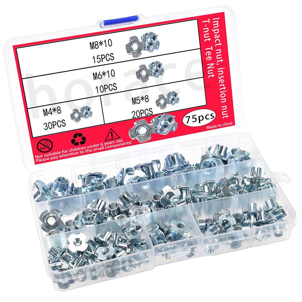 75-Piece Galvanized Four-Pronged T-Nut Set for Wood Boards (M4-M8)