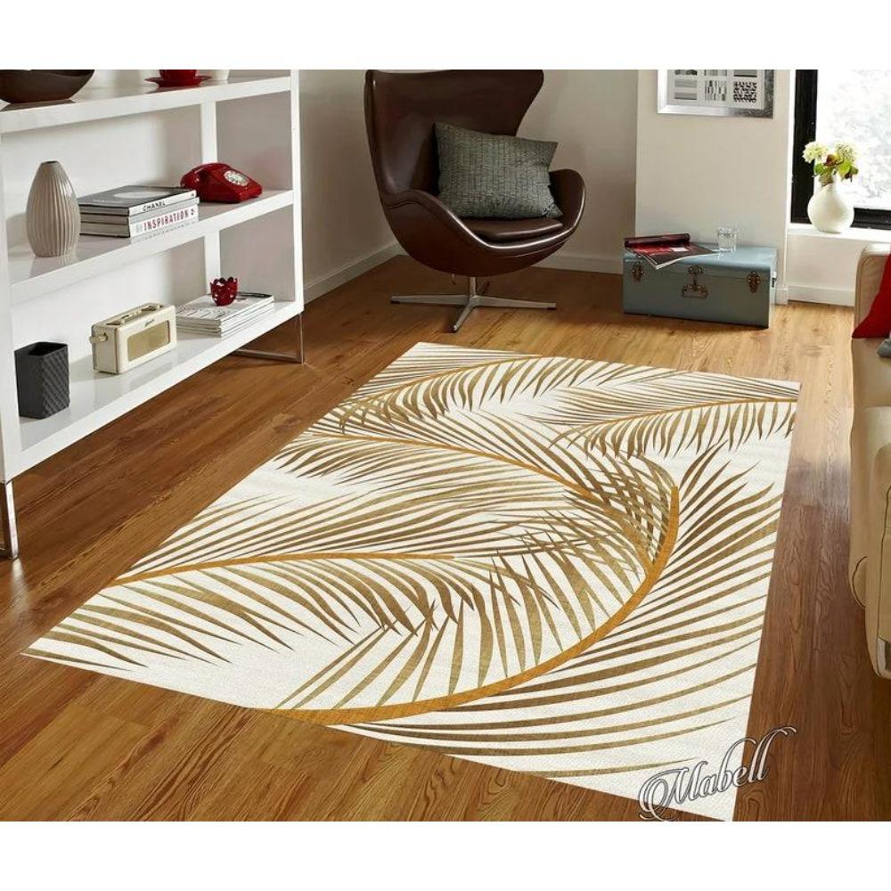 

Palm and Leaves Themed Rug, Gold Leaves Design Exotic Rug, Gold Rug for Living Room, Stylish Floor Mat 60*90cm