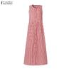 ZANZEA Women Casual Round Neck Sleeveless Plaid Print Long Dress