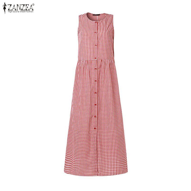 ZANZEA Women Casual Round Neck Sleeveless Plaid Print Long Dress