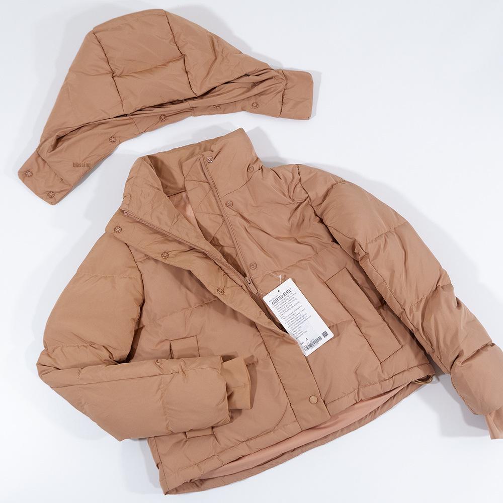 Lulu Kurze Kältebeständige Daunenjacke mit Kapuze: 4-Gitter-Puff, Abnehmbar & Warm für Herbst/Winter-Fitness