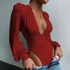 Dame Jumpsuiter Langermet V-hals Plissert Løse Bodysuits Topper For Damer Leotard Skjorter