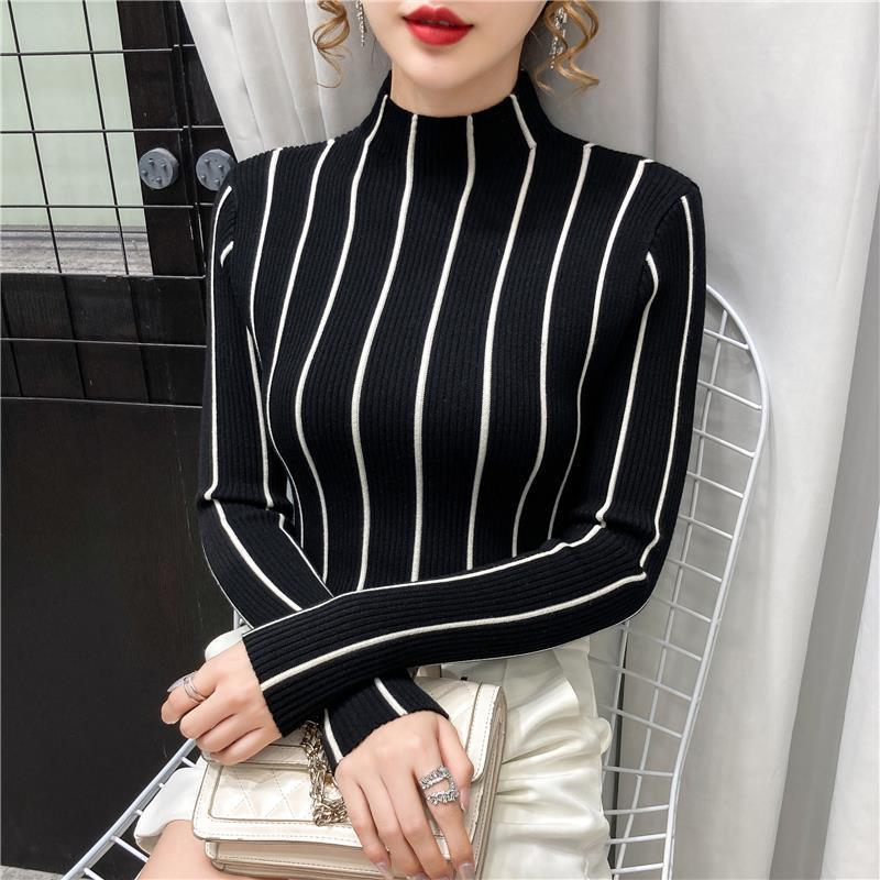 Autumn Winter New Half High Neck Sweater Women's Colored Long Sleeved Pullover Patchwork Screw Thread Versatile Stripe Knit Top