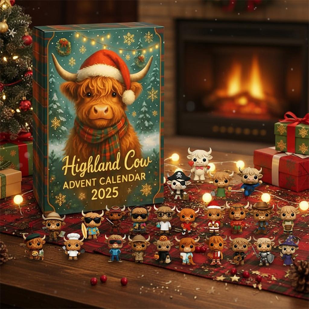 Advent Calendar 2025 with 24 Highland Cow Ornaments 24 Days Christmas Countdown Calendar Highland Cow Surprise Figurine Gift Box