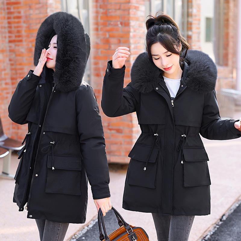 Women's Mid-Length Parka with Removable Lining and Collar - Versatile Three-in-One Winter Coat, Stylish Waist-Hugging Cotton-Padded Design.