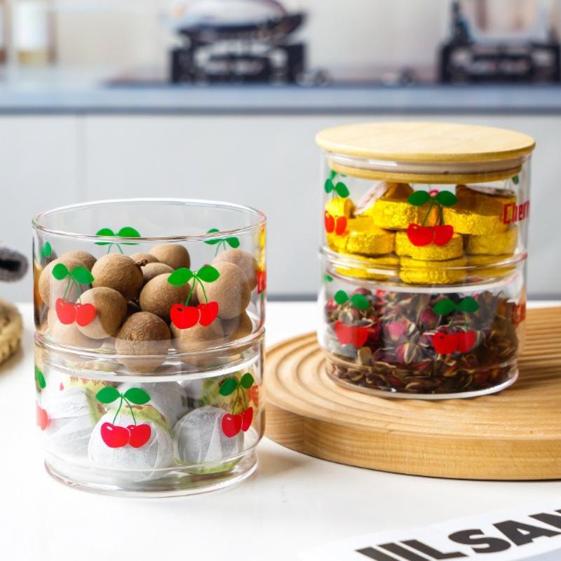Korean Strawberry Glass Bowl with Bamboo Lid Cute Cherry Snack Box Fruit Capacity Fresh Box Jars with Lid for Kitchen StorageJar