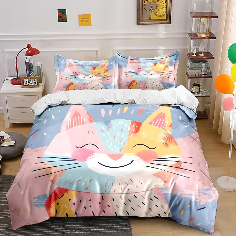 Colorful smiling cat illustration Print Bedding Set 1 Duvet Cover 2 Pillowcases for Adult and Children Luxury Gift Full Size