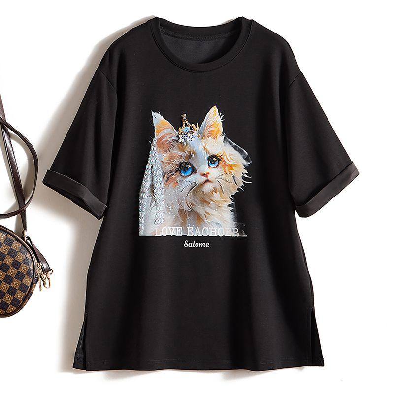 

Lazy Style Women s Big Cat Tencel Cotton Raglan Short Sleeve Mid-Length Pullover Rhinestone T-shirt 2025 Amoi Tops Black L