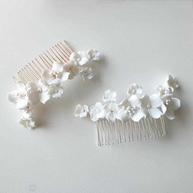 Romantic White Ceramic Flower Bridal Hair Comb Bridesmaid Wedding Accessories Hair Piece Jewelry
