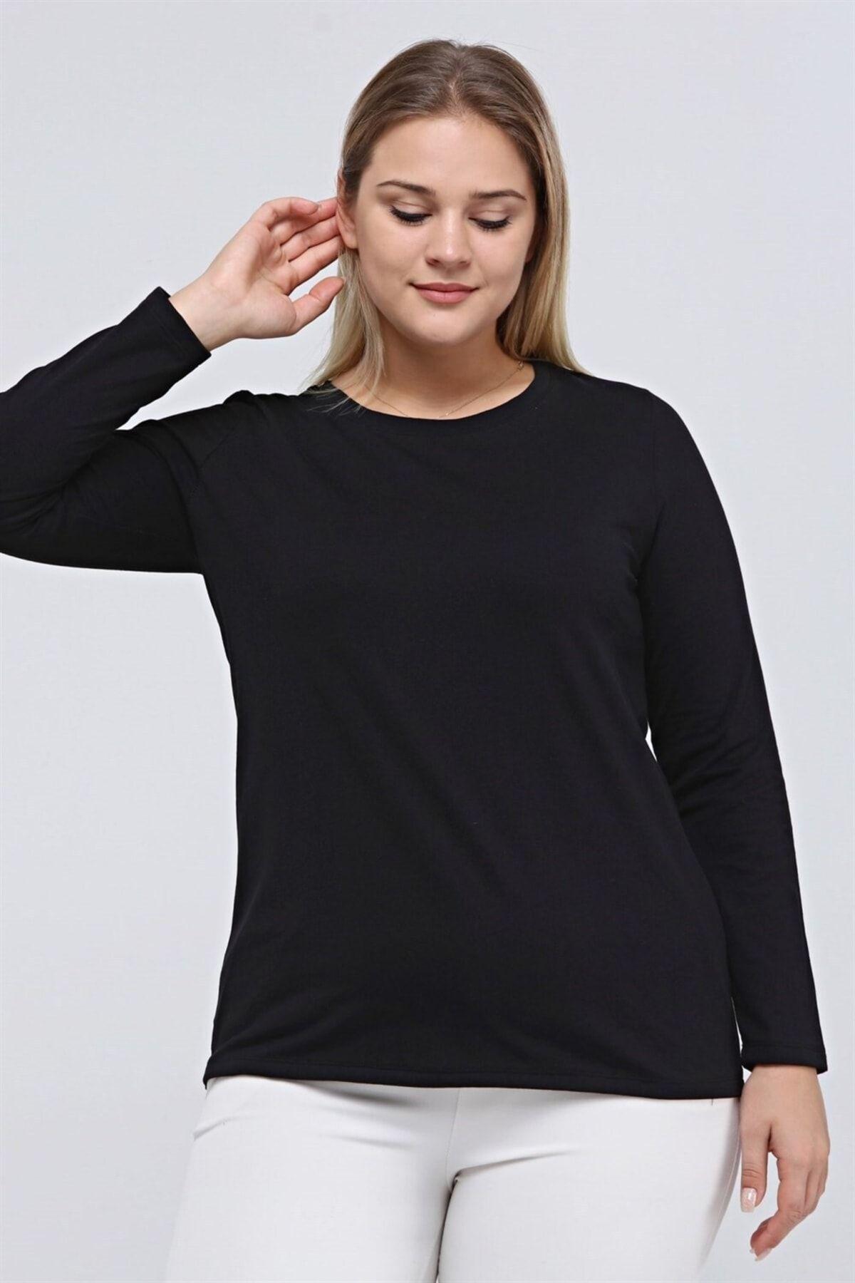 

Women s Style Big Size T-Shirt Plus Size Comfortable Round Collar Long Sleeve Tshirt-Black XL