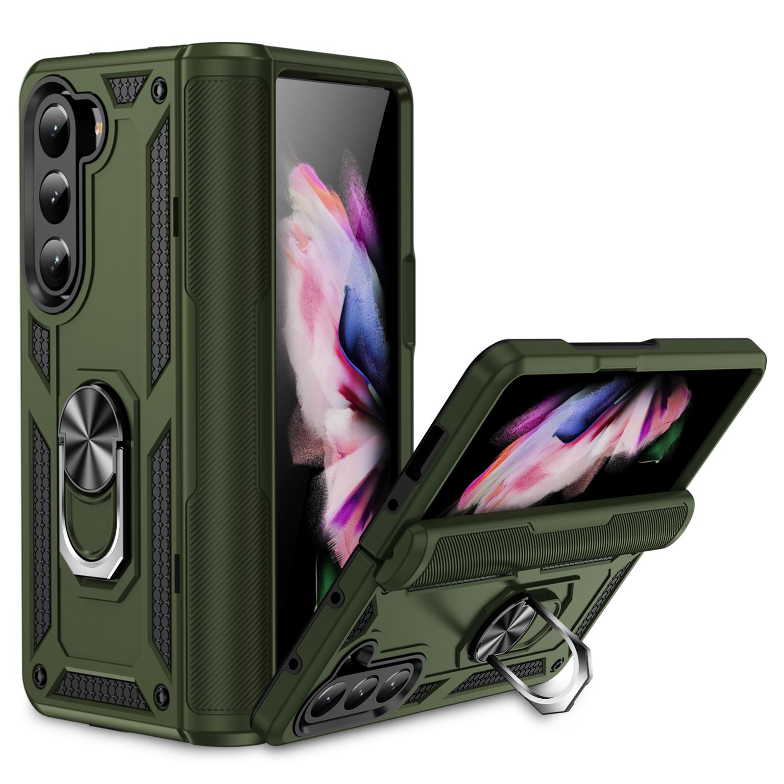 

TPU+PC Phone Case for Samsung Galaxy Z Fold5 5G Ring Holder Kickstand Cover with Car Mount Metal Sheet Army Green