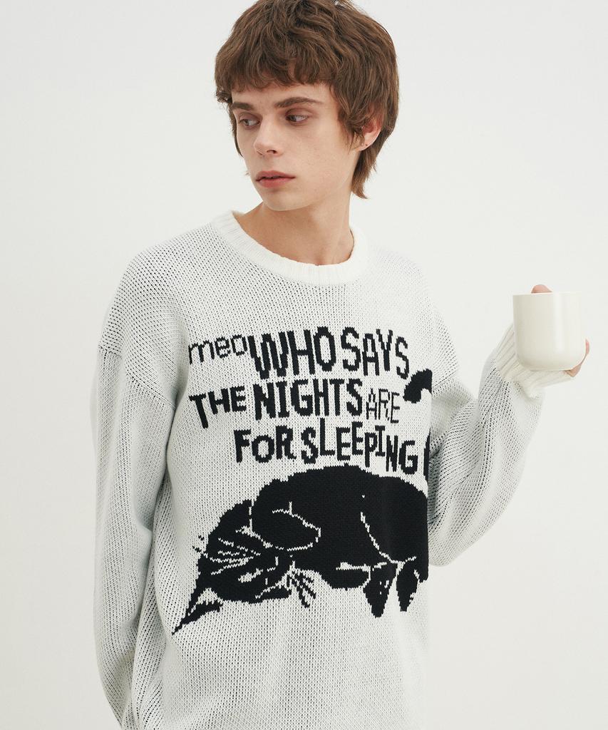 BLOND9 Soft Cat Jacquard Round Knit_White