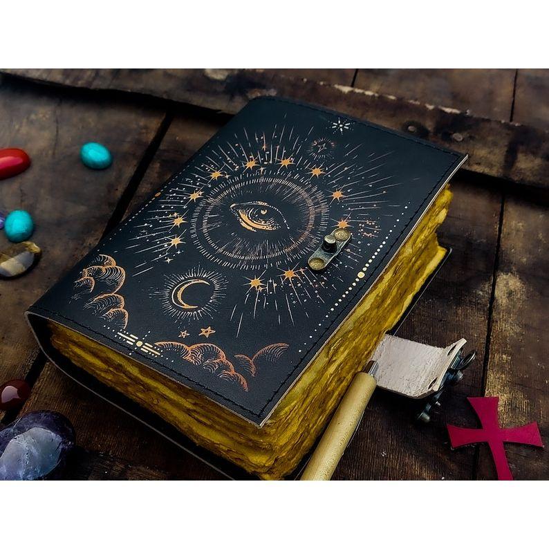 Handgefertigtes Lederjournal mit Büttenpapier Drittes Auge Grimoire-Journal Antikes leeres Zauberbuch Wicca Notizbuch Horror Spezialbuch